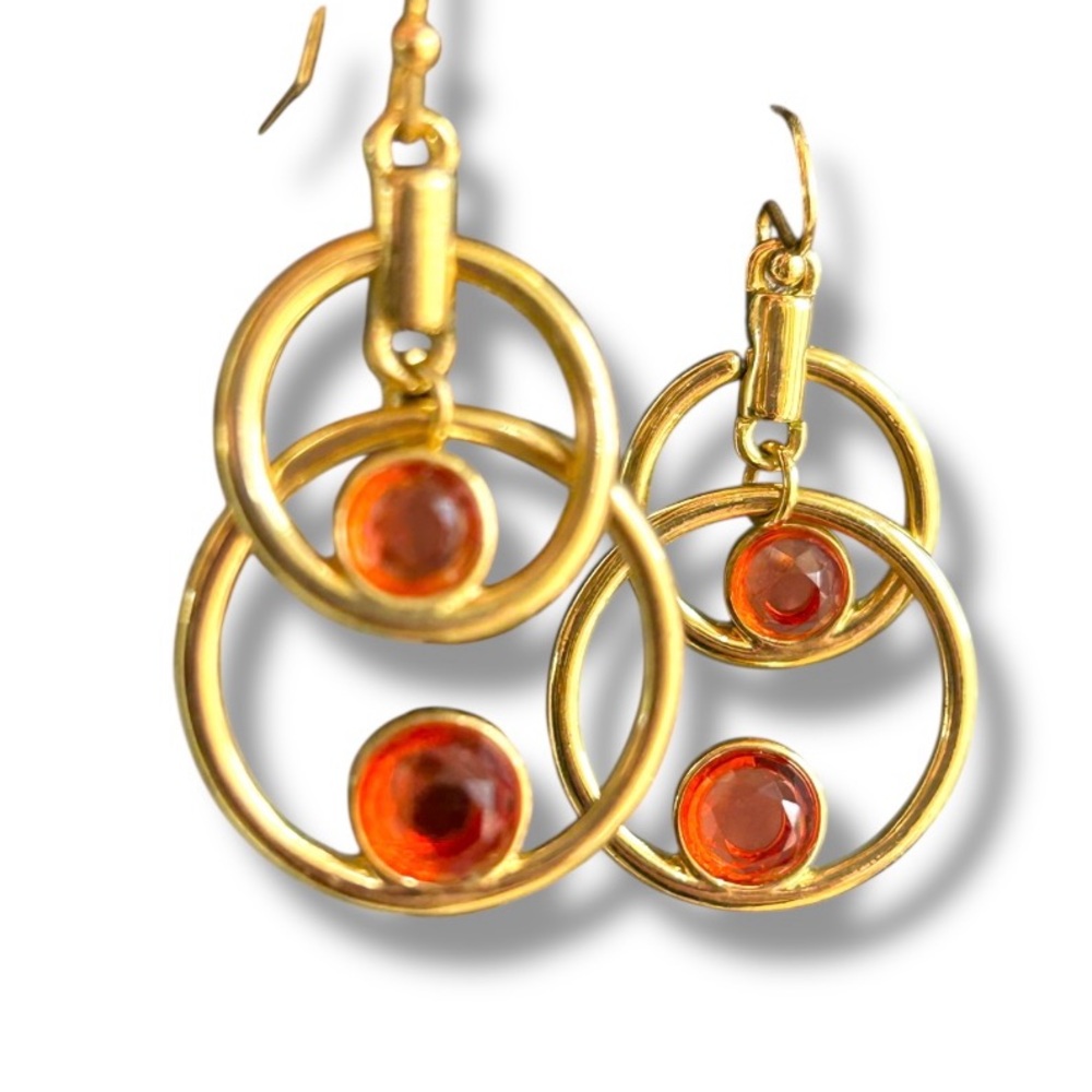 Gorgeous Vibrant Gold Double Hoop Brilliant Earrings Red / Bright Orange Stones